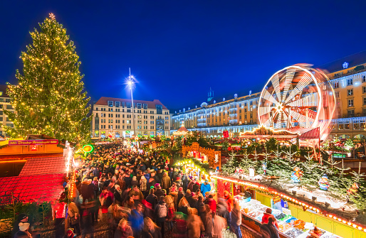 Dresden, Germany. Famous german Christmas Market, Striezelmarkt in Dresda, historical Saxony.