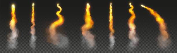 ilustraciones, imágenes clip art, dibujos animados e iconos de stock de sendero de humo de fuego de cohete, lanzamiento de la nave espacial - vfx