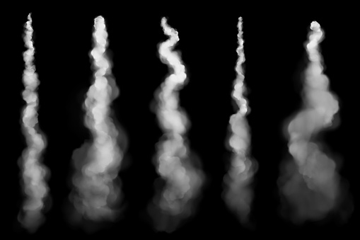 White smoke trail of jet, plane or rocket flight. Airplane contrails in air, spray of fog or steam flow from spaceship takeoff isolated on black background, vector realistic set