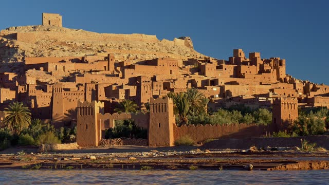 Panning shot of Ksar of Ait-Ben-Haddou, Morocco. Fortified village, great example of Moroccan earthen clay architecture