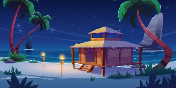 Vector illustration of Beach hut or bungalow at night on tropical island
