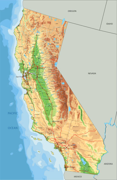illustrazioni stock, clip art, cartoni animati e icone di tendenza di mappa fisica della california altamente dettagliata con etichettatura. - map san francisco bay area san francisco county california