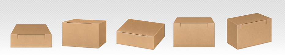 Craft eco package, boxes mockup, brown square carton parcel containers. Closed cardboard packaging for goods, isolated drawers, distribution blank packs for freight shipping, Realistic 3d vector set