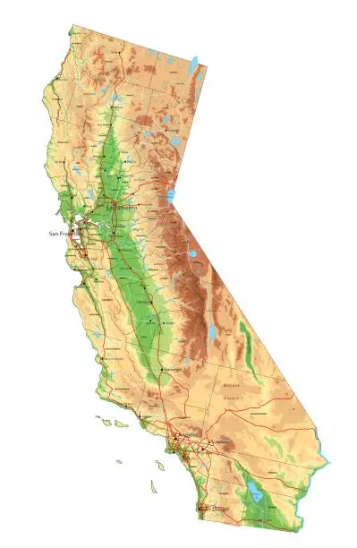 Vector illustration of High detailed California physical map with labeling.