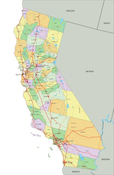 illustrazioni stock, clip art, cartoni animati e icone di tendenza di california - mappa politica modificabile altamente dettagliata con etichettatura. - map san francisco bay area san francisco county cartography