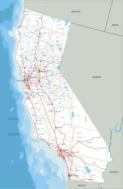 Vector illustration of High detailed California road map with labeling.