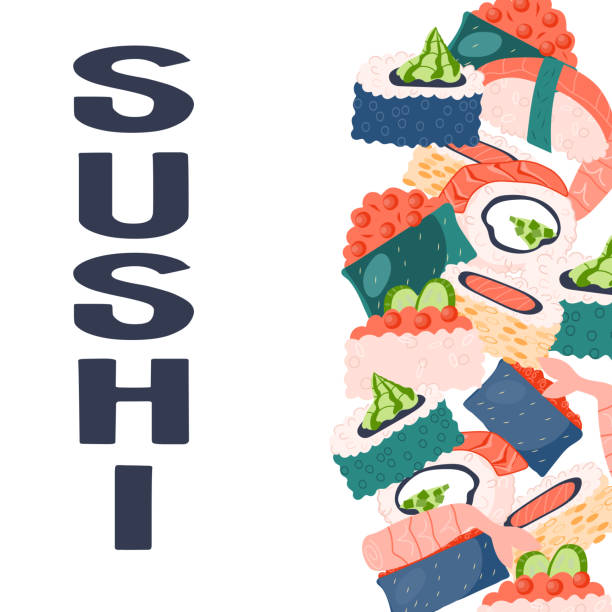 istock Sushi Japanese dish banner or flyer design, flat cartoon vector illustration. 1454566563