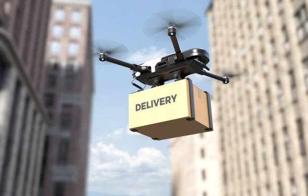 drone che consegna merci in città, robot di consegna autonomo, concetto di trasporto aereo aziendale - helicopter air vehicle business cargo container foto e immagini stock