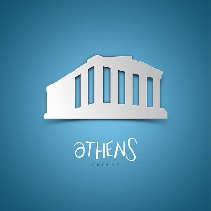 Athens, Greece. Greeting card. Blue background. No people. Copy space. Sample text.