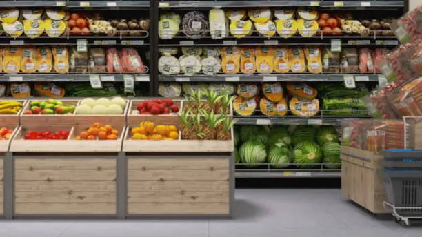 Photo of Blurred produce section in modern supermarket, variety of fresh, organic fruit, vegetable on refrigerator shelf, wooden bucket display