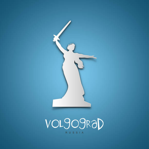Volgograd, Russia. Greeting card. Blue background. No people. Copy space. Sample text.