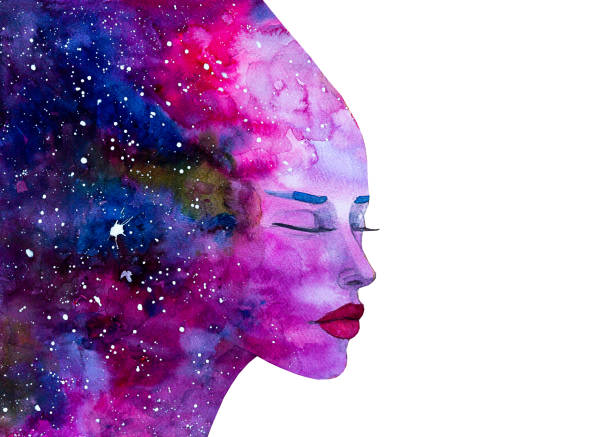 ilustrações, clipart, desenhos animados e ícones de aquarela pintando a mente cósmica. mulher sonhadora bonita - posing profile side view pensive