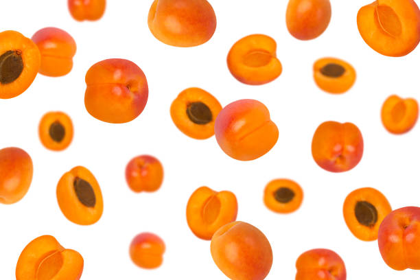 istock Falling apricot fruits on white for advertisement 1454571628