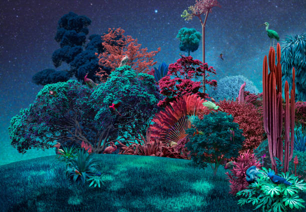 surreal night nature background with birds