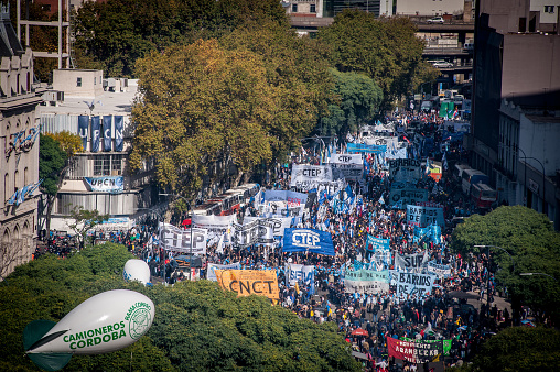 Buenos Aires, Argentina – April 30, 2016: A high angle shot of demonstrators during the Workers' Day Rally in Buenos Aires, Argentina