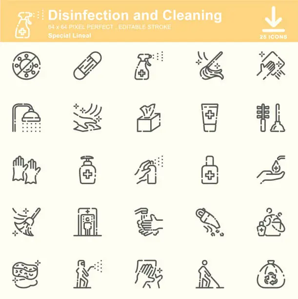 Vector illustration of Disinfection and Cleaning Special Lineal Icons , Editable Stroke , 64x64 Pixel Perfect
