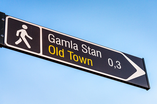 A sign for Stockholm's historic Old Town, known as Gamla Stan in the Swedish capital city.