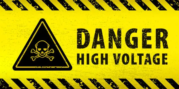 Vector illustration of Black Stripped Rectangle on yellow background. Blank Warning Sign. Sign of Danger High Voltage. Template in grunge style.  EPS10.