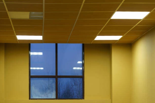 Office building Windows, inside view View through the window. Cold blue winter sunset. Bare trees and overcast sky. Office building exterior. Minimalist concept. Ceiling lights. Yellow color of walls. Free space for your message double hung window stock pictures, royalty-free photos & images