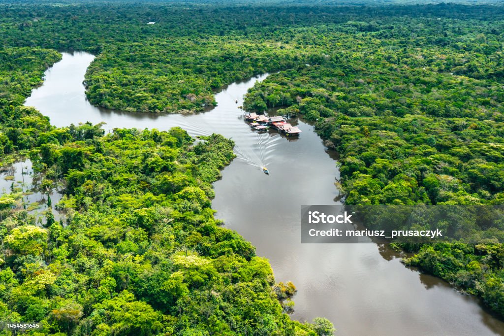 Aerial view of Amazon Rainforest in Peru. Aerial view of Amazon rainforest in Peru, South America. Green forest. Bird's-eye view. Jungle in Peru. Peru Stock Photo