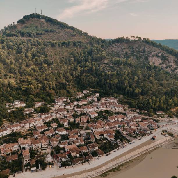 istock Small town with buildings and lush trees on the hill in the background 1454583473