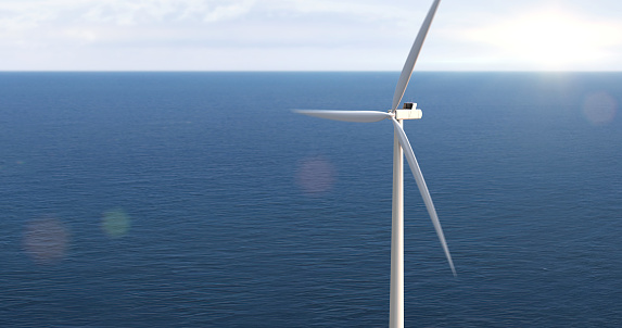Single wind turbine generating clean energy in the ocean. Technology and energy related 3D Illustration Render.