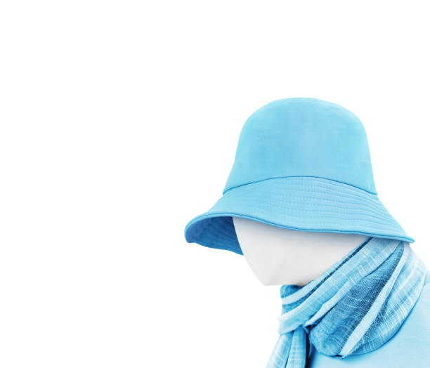 mannequin wearing blue bucket hat isolated on white background