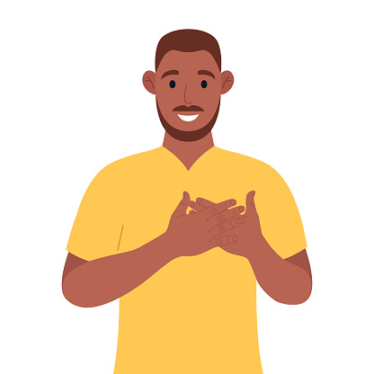 African american expresses his positive feeling to people, keep hands on chest or heart. Vector illustration.