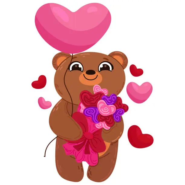 Vector illustration of Single hand drawn bear for Valentine s day. Vector illustration clip art. Cute element for greeting cards, posters, stickers and seasonal design. Isolated on white background.
