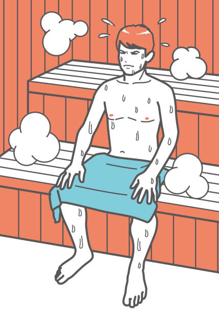 Man enduring the heat in the sauna Man enduring the heat in the sauna patience illustration stock illustrations