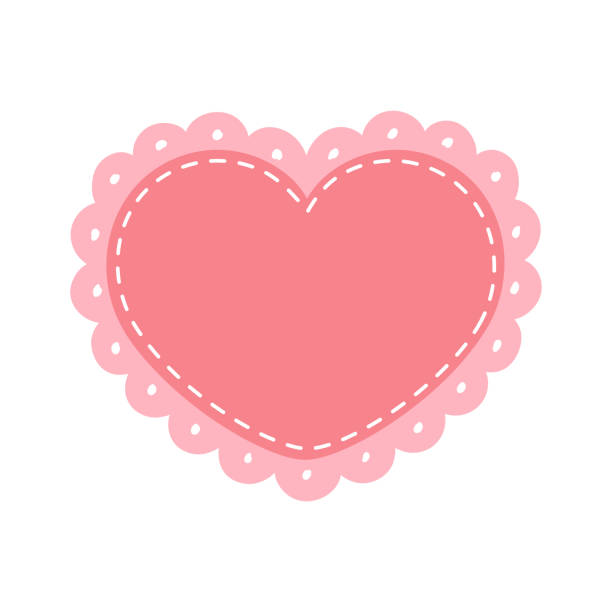 가리비 가장자리 스티치 하트 프레임 배지 벡터. 간단한 라벨 스티커 템플릿입니다. 귀여운 발렌타인 데이 프릴 장식. 흰색 배경에 격리된 벡터 그림. - doily heart shape animal heart valentines day stock illustrations