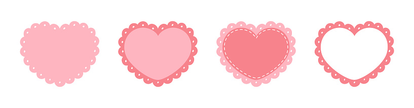Scalloped Edge Stitched Heart Frame Badge Set. Simple label sticker template. Cute Valentines Day frill ornament. Vector illustration isolated on white background.