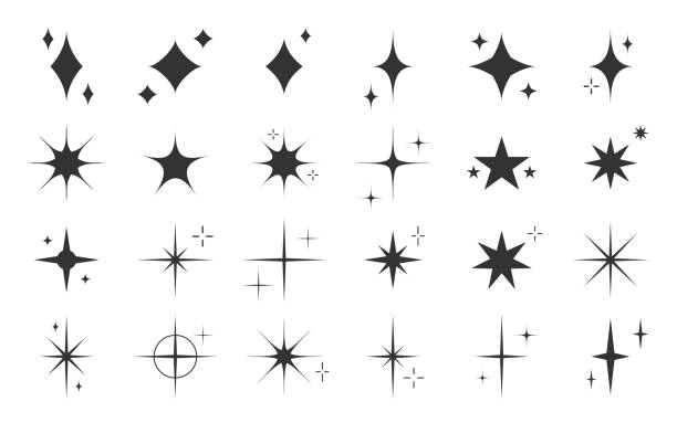 ilustraciones, imágenes clip art, dibujos animados e iconos de stock de star sparkle plantilla sello silueta negra set - cielo estrellado