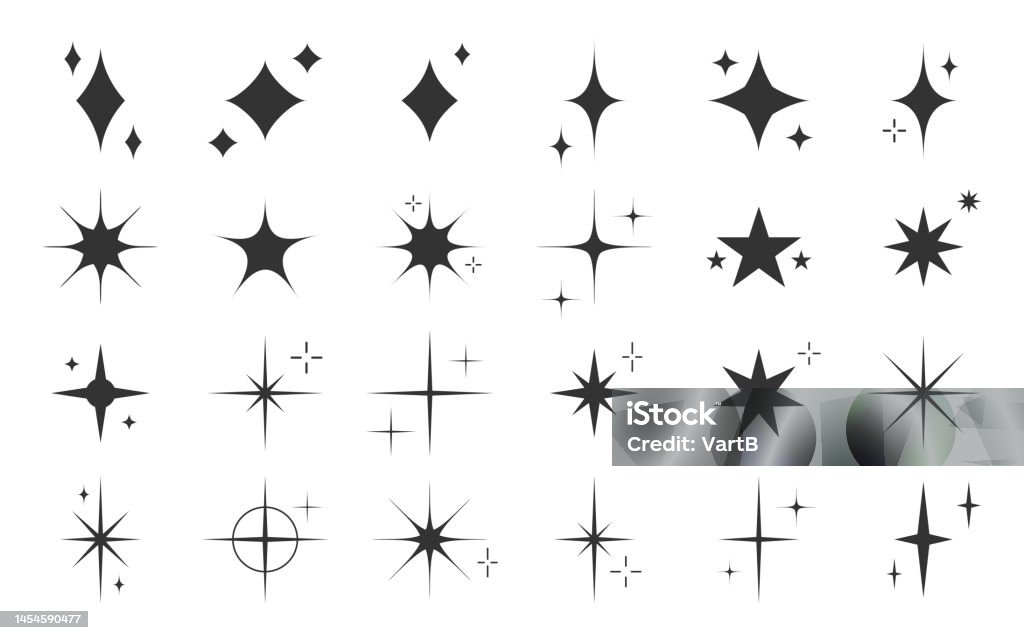 Star sparkle modello timbro nero set di silhouette nera - arte vettoriale royalty-free di A forma di stella Star sparkle modello timbro nero set di silhouette nera - arte vettoriale royalty-free di A forma di stella
