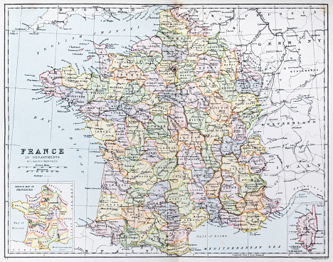 Regions of France Map from out-of-copyright 1898 book 