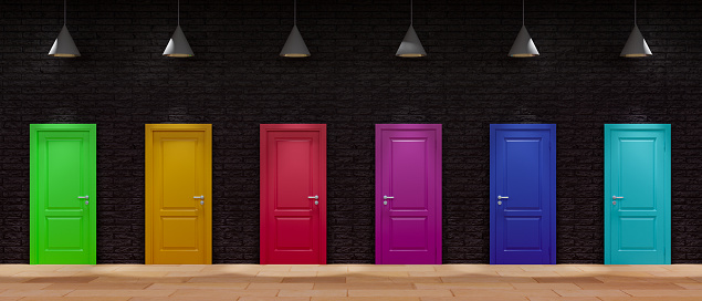 Dark wall with closed doors in different colors like red, yellow, blue, green and purple. 3D illustration