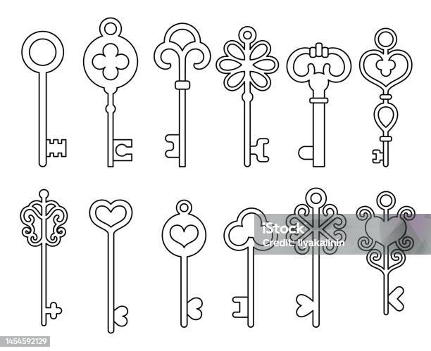 Ancient Key Set Old Antique Keys Vector Line Editable Outline Stroke
