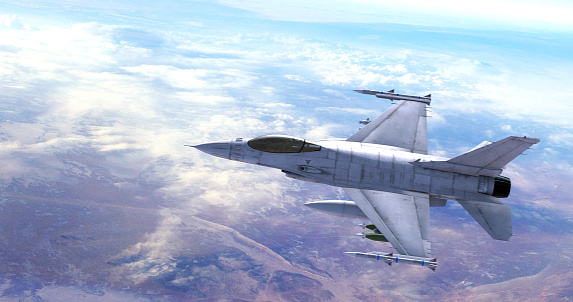 Fighter Jet Flying High Above The Clouds. Ready For Air Attack. War And Air Force Related 3D Illustration Render.