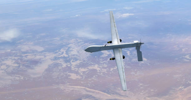 Advanced Combat Aerial Vehicle Drone Flying Over Clouds. Advanced Combat Aerial Vehicle Drone Flying Over Clouds. Accelerates And Disappears. War And Air Force Related 3D Illustration Render. militant groups stock pictures, royalty-free photos & images