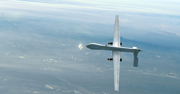 Unmanned Combat Aerial Vehicle Drone Flying Silently Over The City. War And Air Force Related 3D Illustration Render.