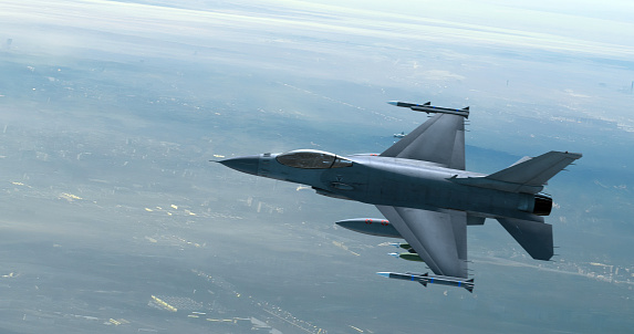 Advanced Fighter Jet Flying Over The Industrial City. Accelerates And Disappears. War And Air Force Related 3D Illustration Render.