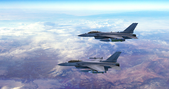 Advanced Fighter Jets Flying Together Above The Clouds. Accelerates And Disappears. War And Air Force Related 3D Illustration Render.