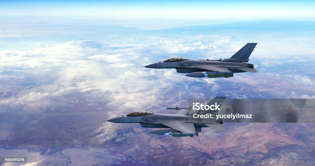 Advanced Fighter Jets Flying Together Above The Clouds. Accelerates And Disappears. Advanced Fighter Jets Flying Together Above The Clouds. Accelerates And Disappears. War And Air Force Related 3D Illustration Render. Aerospace Industry Stock Photo