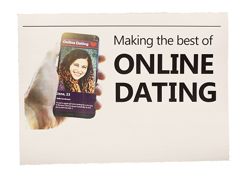 Simulated newspaper clipping featuring a photograph of a man's hand holding a cellphone displaying a woman's profile on a dating site, and a headline about making the best of online dating. Design and photo are by the photographer, properly model-released, so this image is free of third-party copyright and may be used without restrictions. The dating site screen is also simulated by the photographer. Blank space for your copy.