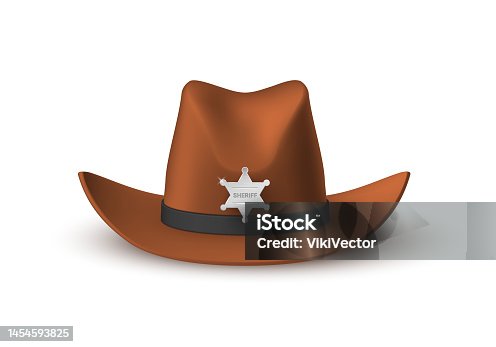 istock Sheriff brown cowboy hat with star realistic vector western vintage costume headdress cap 1454593825