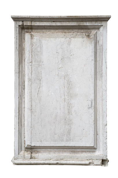 square empty classic ornamental frame signboard plaque on white marble stone wall isolated on white - carved rock imagens e fotografias de stock