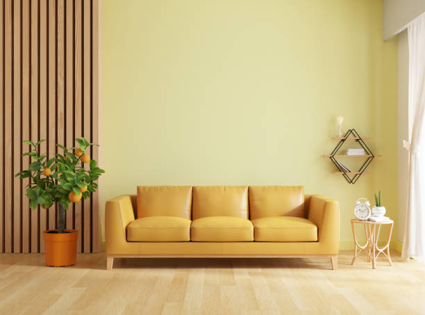 sofa in living room with copy space for mock up, 3d rendering - orange wall imagens e fotografias de stock