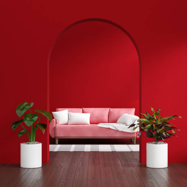 istock Sofa in red living room with copy space for mock up, 3D rendering 1454598782