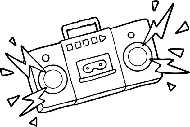 Vector illustration of retro cartoon tape cassette player blasting out old rock tunes