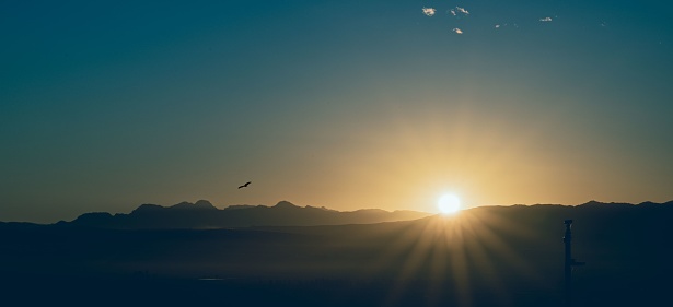 An image of a sunrise with a single flying bird in the blue sky and mountains in the dark